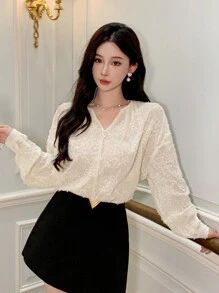 DAZY 纯色纹理宽松长袖女式衬衫，荷叶边透视，秋季服装 - 米色 - 查看 5