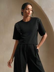 Anewsta Fashionable Metallic Design Round Neck T-Shirt - Black - View 3