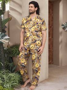Men's Turndown Collar Button Front Pocket Allover Print Top And Pants Pajama Set - Multicolor - View 6