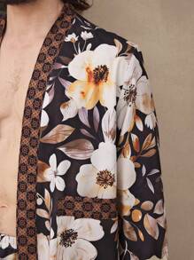 Men's Full Flower Print Patchwork Long Sleeve Pajama Set, Loungewear - Multicolor - View 8