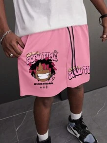 Manfinity EMRG 男士抽绳腰口袋短裤，带字母和卡通印花夏季宽松图案涂鸦纯色外出短裤 - 粉色 - 查看 4