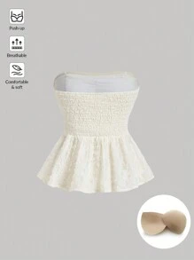 SHEIN MOD Cream Ruched White Tube Top,Ruffle Hem, Plush Embroidered Jacquard,Homecoming Top,Cruise Women Outfits,Country Tops,Fall/Winter Top,Birthday Top,Bra Free