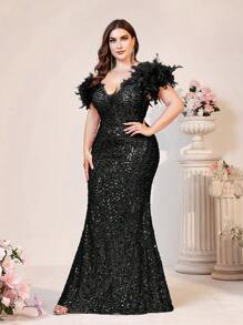 SHEIN Belle Váy dạ hội trang trí bằng lông vũ và sequin lãng mạn cỡ lớn (Phiên bản trang trí dày), Váy dạ hội trang trọng màu đen, Dành cho khách dự tiệc cưới, Tốt nghiệp, Váy dự tiệc tối - màu đen - Xem 4