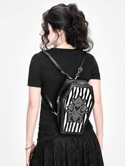 Goth Vine Cross Gothic Punk Style Patchwork Printed Coffin Black Crossbody Bag