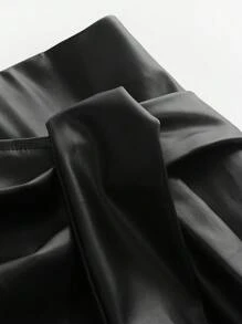Váy dài xẻ tà xếp nếp bằng da PU màu trơn cỡ lớn cho nữ - màu đen - Xem 4