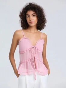 Women's Multi-Layer Ruffle Trim Sheer Cami Top - Pink - View 1