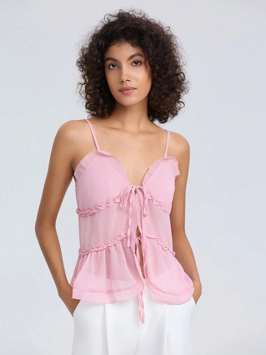 Women's Multi-Layer Ruffle Trim Sheer Cami Top - Pink - View 1