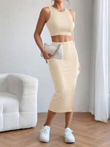 SHEIN PETITE Bộ áo ba lỗ crop top liền mạch và váy xẻ đùi hai mảnh - Màu be - Xem 6