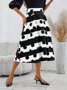 SHEIN Clasi Women's Casual Full-Print Umbrella Skirt, Autumn - Black and White - View 4