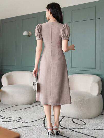 Women's Solid Color Square Neck Puff Sleeve Midi DressDAZY