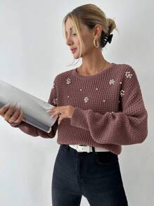 EURMUSE Pearls Beaded Drop Shoulder Sweater - Rusty Rose - View 3