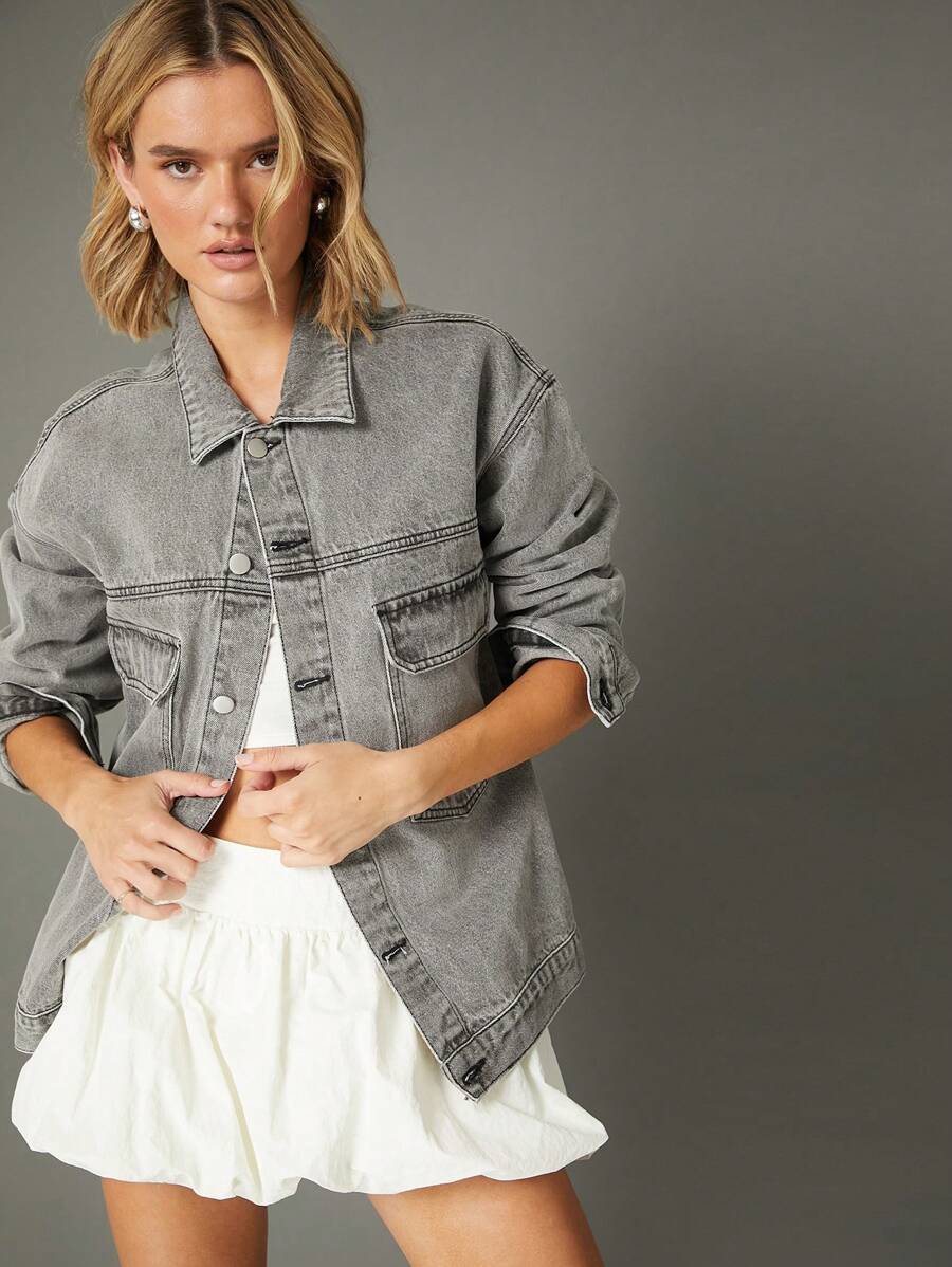 WESTFADE Premium 91% Cotton Denim Oversized Boyfriend Jacket  - Grey - View 1
