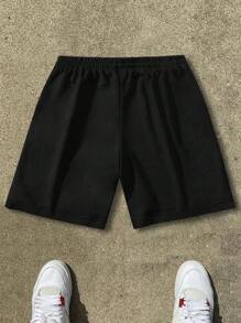 Manfinity Campus Court 男士火焰印花抽绳腰短裤，夏季足球风格，返校图案外出休闲短裤，足球风格，适合丈夫、男朋友的礼物 - 黑色 - 查看 2