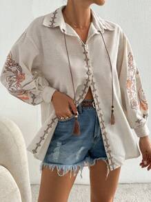 EURMUSE Women's Vacation Style Embroidered Lantern Sleeve Fringe Tie-Front Blouse - Beige - View 7