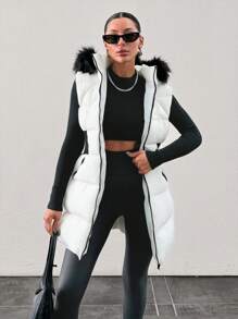 EURMUSE Gepolsterter Weste mit Fellkapuze und verstellbarer Taille, zwei Seitentaschen, dicker und modischer Daunenjacke, Steppdetails - Schwarz und Weiss - Übersicht 1