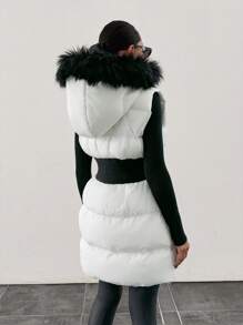 EURMUSE Gepolsterter Weste mit Fellkapuze und verstellbarer Taille, zwei Seitentaschen, dicker und modischer Daunenjacke, Steppdetails - Schwarz und Weiss - Übersicht 2