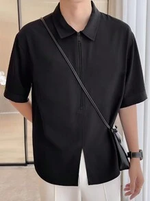 Camisa negra de manga corta y botones de unicolor para hombre, de verano - Negro - Ver 3