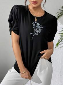 Seusyu 女士花卉印花荷叶边袖休闲修身 T 恤，适合返校和日常休闲穿着 - 黑色 - 查看 5