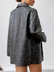 SHEIN EZwear Áo khoác da thường ngày cổ điển có túi kép, mùa thu & mùa xuân - màu đen - Xem 2