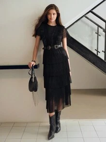 MOTF STUDIO MESH OVERLAY RUFFLE TRIM LAYERED HEM PLEATED LONG DRESS