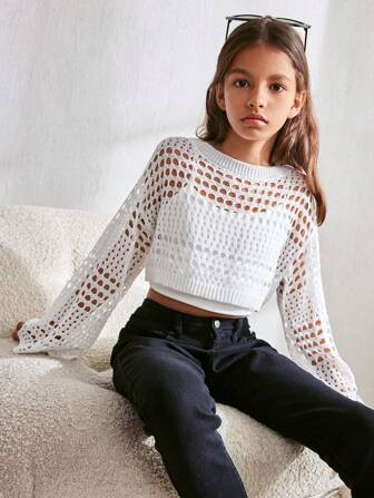SHEIN Tween Mädchen Einfarbiger, einfacher, ausgehöhlter Pullover mit Rundhalsausschnitt