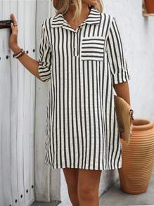 SHEIN LUNE 大尺碼條紋印花夏季休閒度假裙 - 杏色 - 查看 5