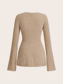 SHEIN ICON Áo dài tay có cổ chữ V màu trơn phía trước - Màu Khaki - Xem 2