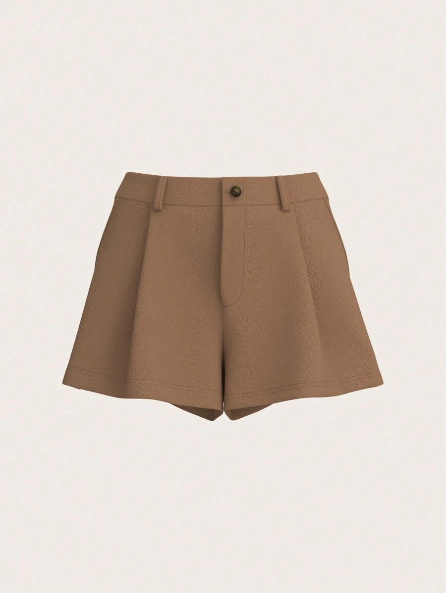 Sweetina Pantalones cortos anchos de pierna blanca con bolsillo oblicuo sólido - Caqui - Ver 1