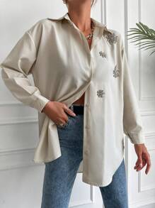 EURMUSE Rhinestone Detail Drop Shoulder Shirt - Beige - View 2