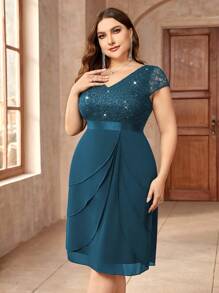 Sequin Lace V-Neck Ruffle Hem Chiffon Cocktail Dress, Valentine's Day Dress, Dinner Date, Graduation Ceremony, Homecoming - Dusty Blue - View 7