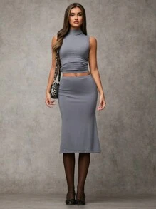 SHEIN BAE Women's Sleeveless Gathered Waist Top And Slim Elegant Skirt Set