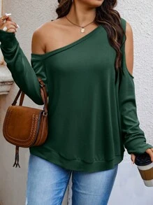 Calvaya Áo nỉ nữ cỡ lớn, cổ bất đối xứng, tay cánh dơi, màu trơn, kiểu dáng thường ngày, thích hợp cho lễ tốt nghiệp, giáo viên, mùa thu đông. - Màu xanh lá cây đậm - Xem 4