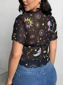 SHEIN Essnce 大码女式夏季休闲修身性感透视上衣 T 恤、可爱夏季上衣、曲线上衣、女装、图案 T 恤、夏季短款上衣、黑色上衣、上衣、外出上衣、Y2K、万圣节服装、湿衬衫 - 黑色 - 查看 2