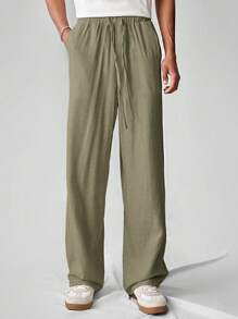 SWAVVY Men's Casual Solid Color Woven Loose Straight Linen-Like Pants, Fall - Army Green - View 3