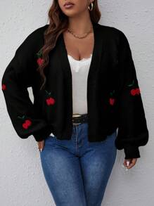 Vionelle 大码女式黑樱桃刺绣灯笼袖露肩休闲针织开衫秋冬季 - 黑色 - 查看 6