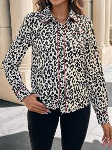 SHEIN Clasi Leopard Print Color Block Trim Casual Shirt, Spring Autumn