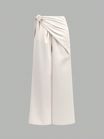 Firerie Women's Khaki Linen-Like Belted High Waist Wide Leg Pants