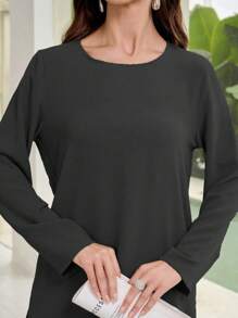 Mulvari Womens Casual Black Two Piece Outfit Round Neck Long Sleeve Split Top And Long Pants Set - Black - View 4