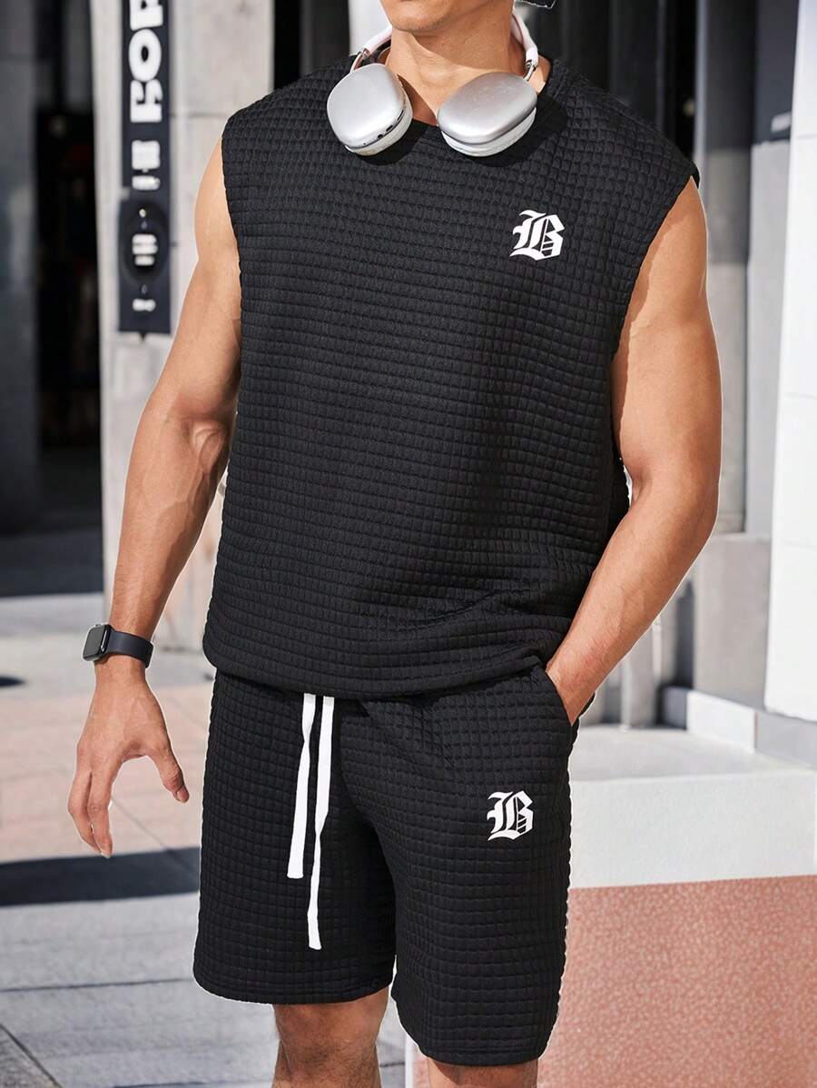 Gym Rark 男友风男士简约印花无袖上衣短裤运动套装健身健身套装 - 黑色 - 查看 1