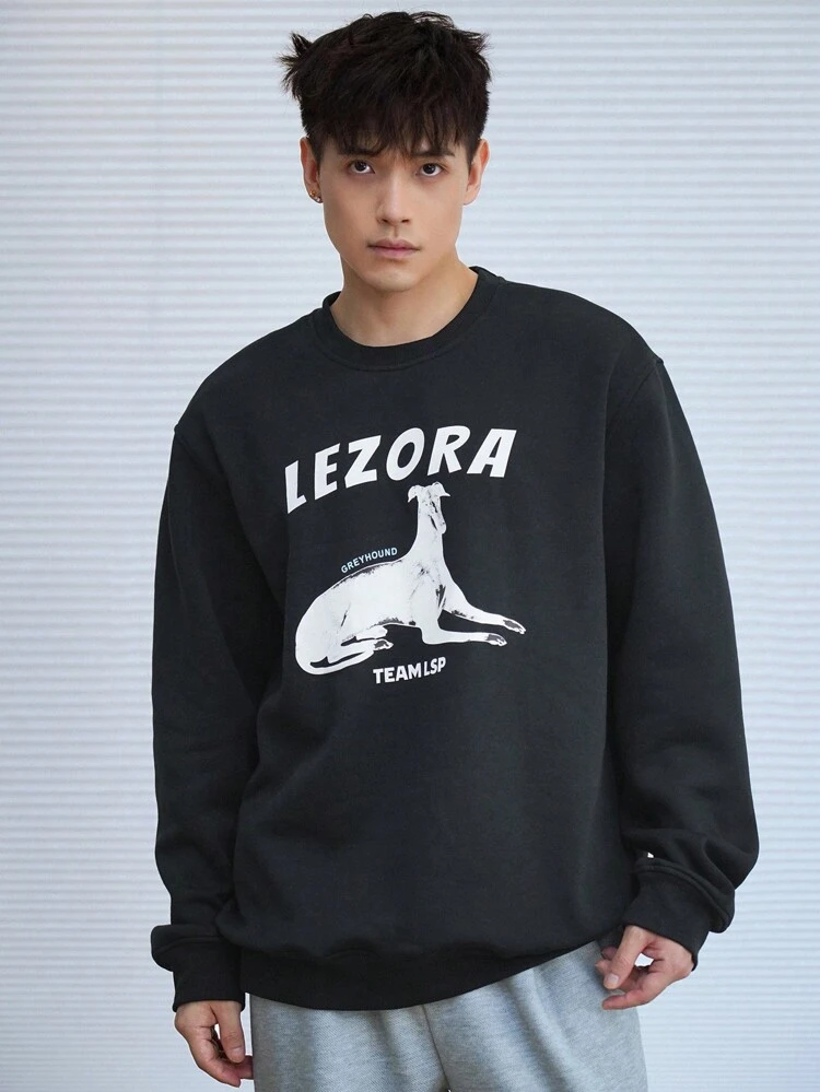 Men's Letter & Animal Pattern Long Sleeve Pullover Sweatshirt, Fall , Crewneck