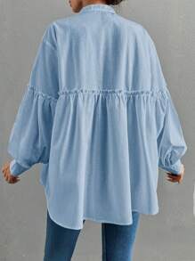 EURMUSE 100%Cotton Women's Elegant Solid Color Stand Collar Lantern Sleeve Shirt With Ruffle Trim, Rhinestone Decoration And Pleats, Spring And Summer - Blue - View 2