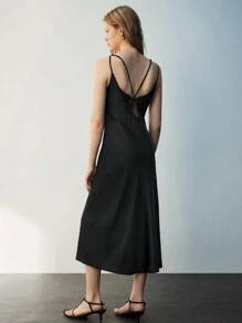 Maija Women Lace Backless Sheer Semi-See-Through Satin Ribbon Strap Dress - Black - View 7