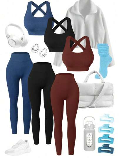 Easithlete 女士纯色宽肩带和背部贴身瑜伽运动套装女士健身套装女士健身套装女士紧身裤套装