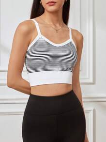SHEIN Sports Contrast Striped Fitted Cropped Sports Camisole - Black and White - View 5
