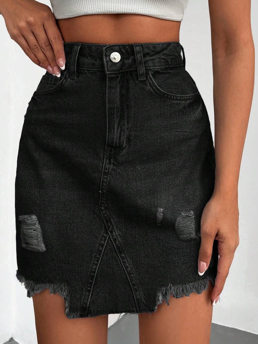 EURMUSE Women Summer Distressed Denim Skirt - Hitam - View 1