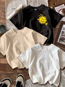 SHEIN EZwear 3 cái/bộ Áo phông nữ tay ngắn đơn giản in hình mặt cười đơn giản, mùa hè - Nhiều màu - Xem 2