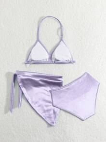 Tween Girl Halter Neck Vacation Swimwear Set - Bikini Set Top And Bottom With Tie Swimskirt Summer Beach - Purple - View 2