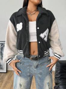 Flirla Patchwork Short Plush Casual Letterman Jacket