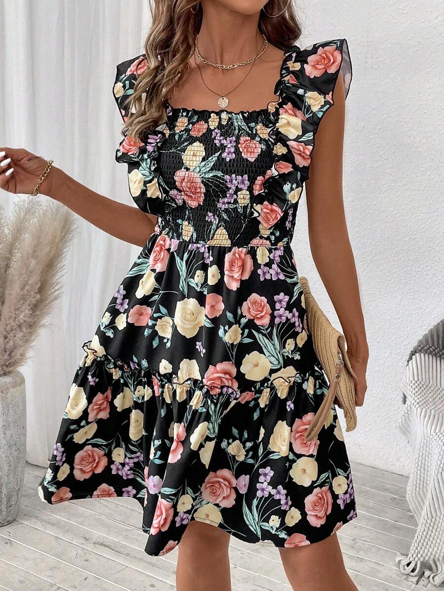 Breezaya Women's Flower Print Ruffle Hem Summer Dress, Assorted Floral Designs - Black - View 1