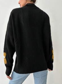 EURMUSE Cardigan casual con scollo a V da donna con applicazioni dell'orso e spalle basse - nero - Visualizzare 2